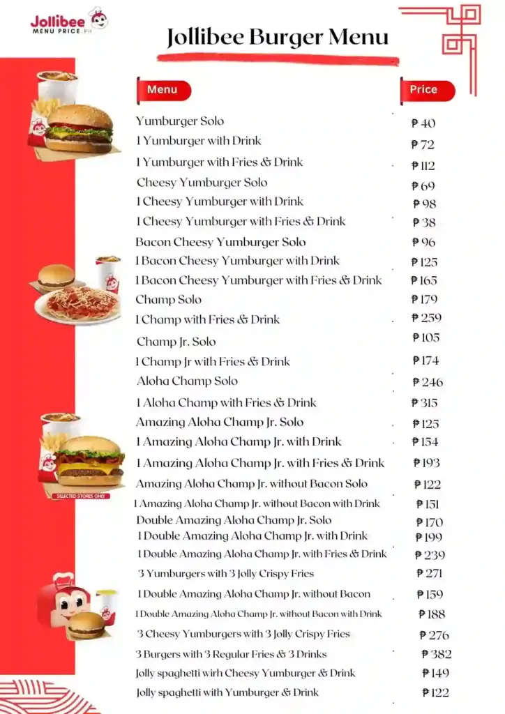 JOLLIBEE BURGERS MENU philippines