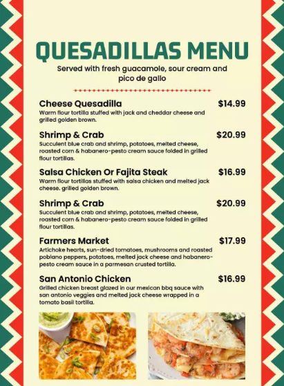 ONLYPANS MENU QUESADILLAS PRICES