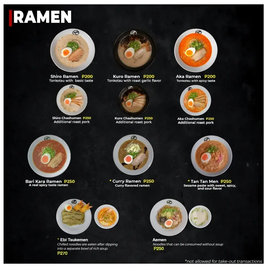 menu of Ramen Kuroda Resturant philippines.