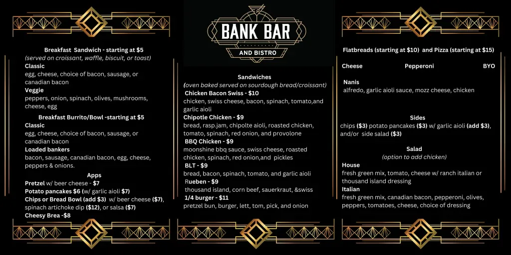 BANK BAR HOUSE CLASSICS MENU