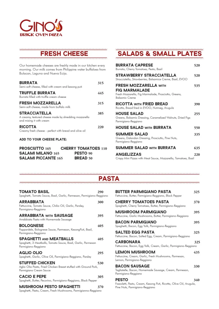 GINO’S FRESH CHEESERS MENU