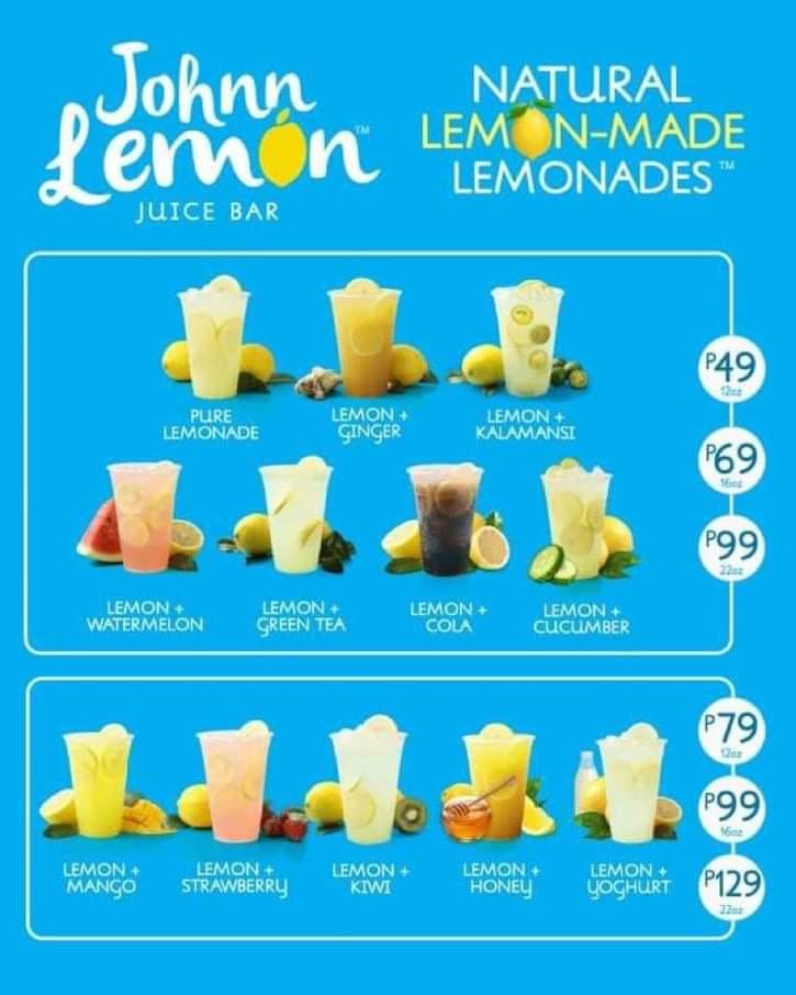 JOHNN LEMON JUICE BAR MENU PHILIPPINES PRICES 2024