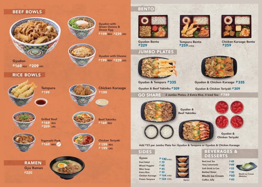 YOSHINOYA RICE BOWL MENU