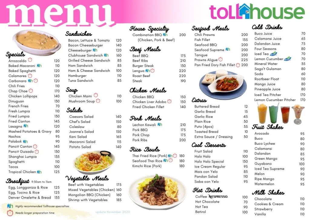 TOLL HOUSE PASTAS & NOODLES MENU 