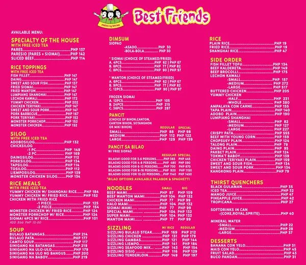 BEST FRIENDS SPECIALTY MENU