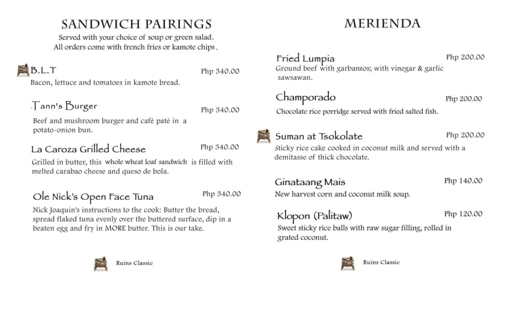 CAFE BY THE RUINS SANDWICH PAIRINGS & merienda menu