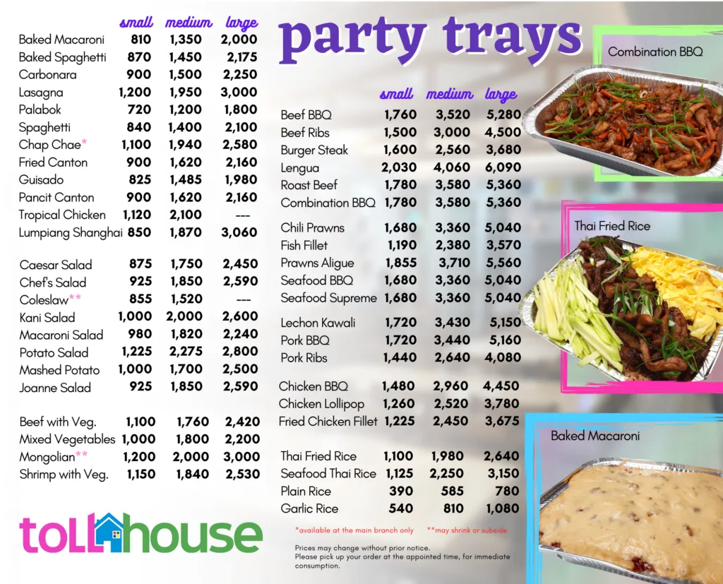 TOLL HOUSE PARTY TRAY MENU