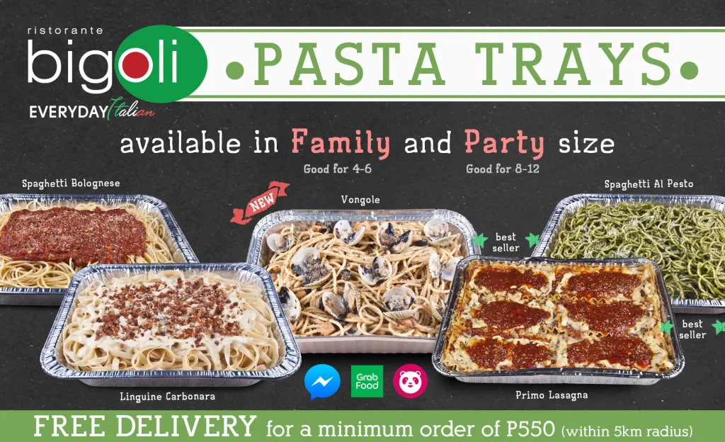 RISTORANTE BIGOLI pasta trays MENU PHILIPPINES