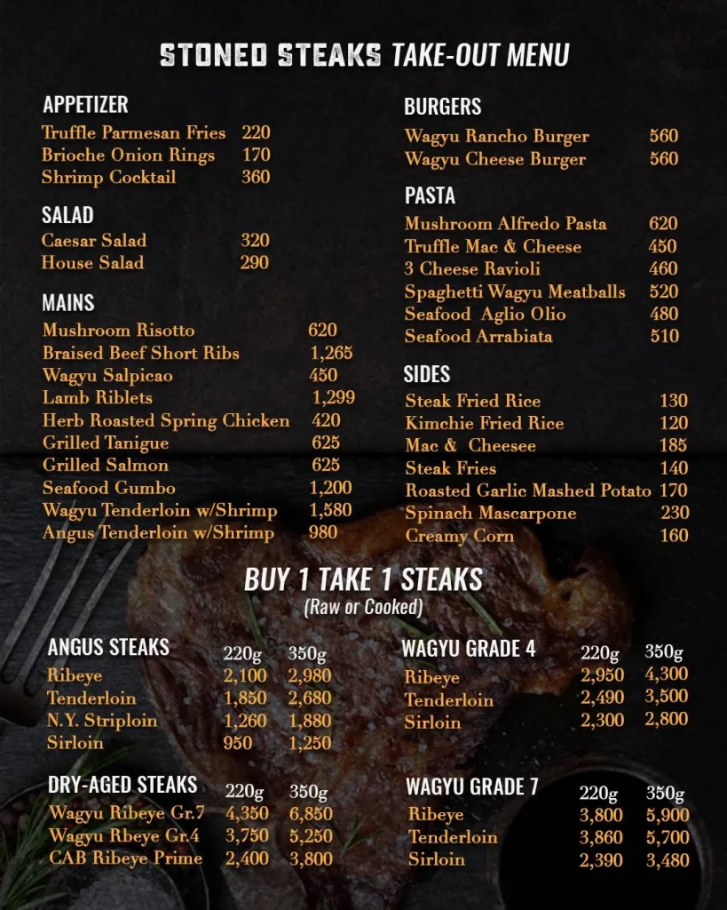 STONED STEAKS PASTAS & BURGERS MENU