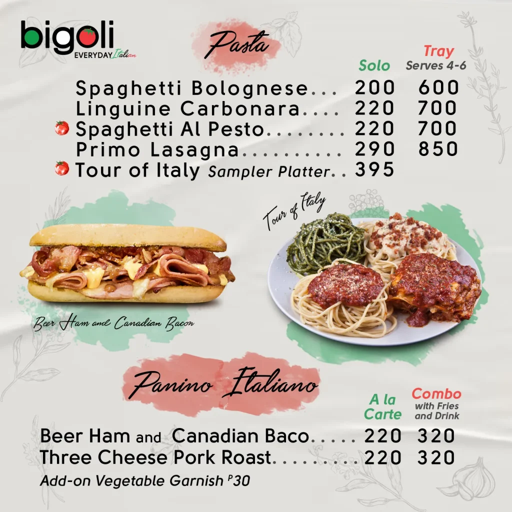 RISTORANTE BIGOLI pasta MENU PHILIPPINES