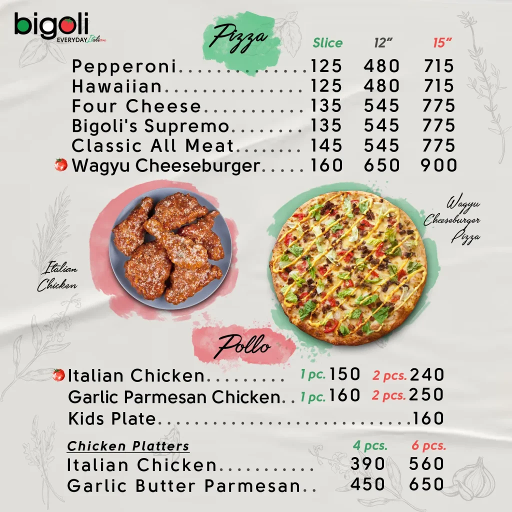 RISTORANTE BIGOLI pizza MENU PHILIPPINES