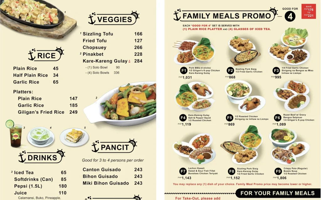 GILIGAN’S MENU RICE MEALS PRICES