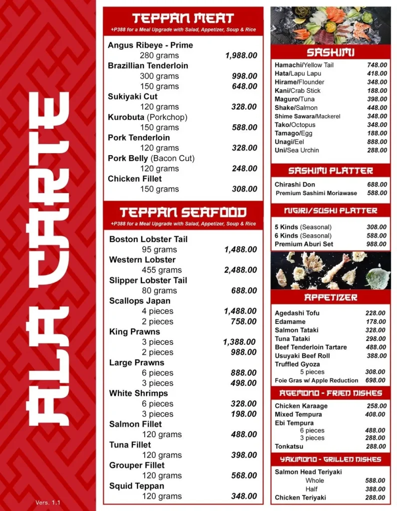 TEPPANYA TEPPAN SEAFOOD MENU