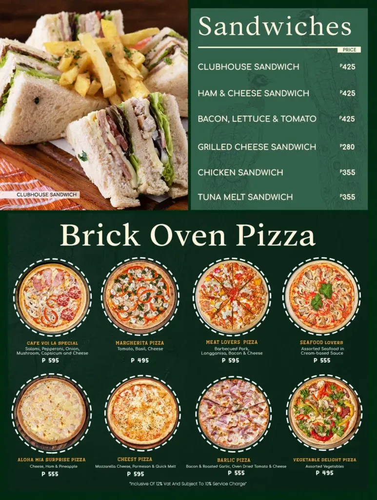 CAFE VOI LA SANDWICHES & PIZZA menu