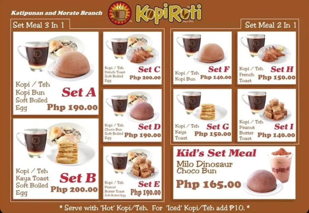 KOPI ROTI SET MEALS PRICES