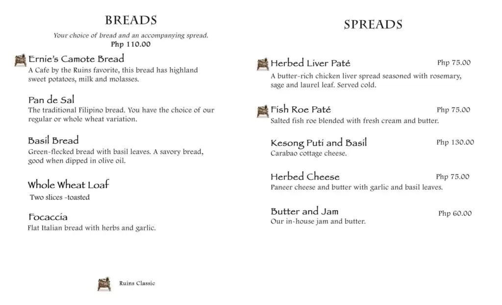 CAFE BY THE RUINS SPREADS &  BREADS MENU PRICES