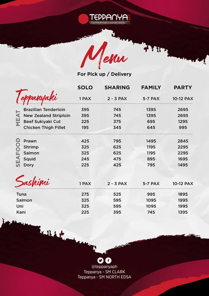 TEPPANYA SASHIMI MENU PRICES