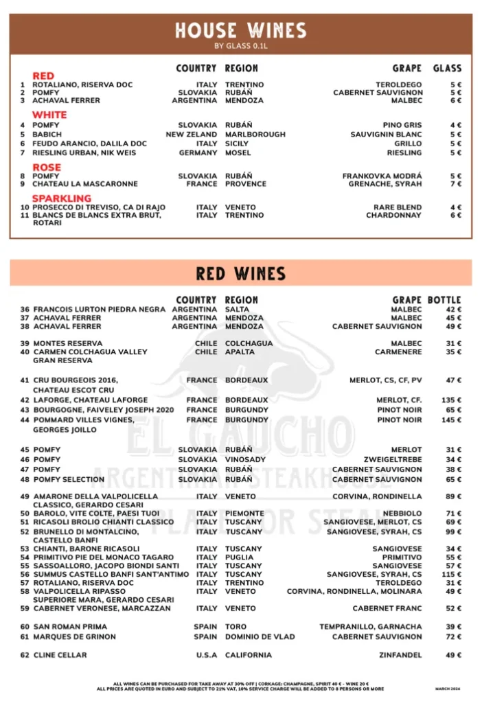 EL GAUCHO Drinks MENU PHILIPPINES 