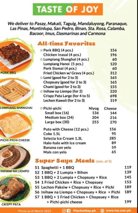 TASTE OF JOY ALL TIME FAVORITES MENU