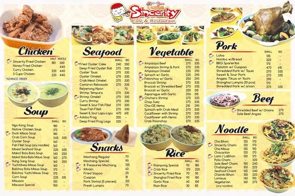 SINCERITY CAFE & RESTAURANT SEAFOOD MENU