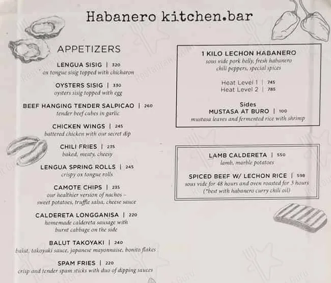 HABANERO KITCHEN BAR APPETIZERS MENU WITH PRICES