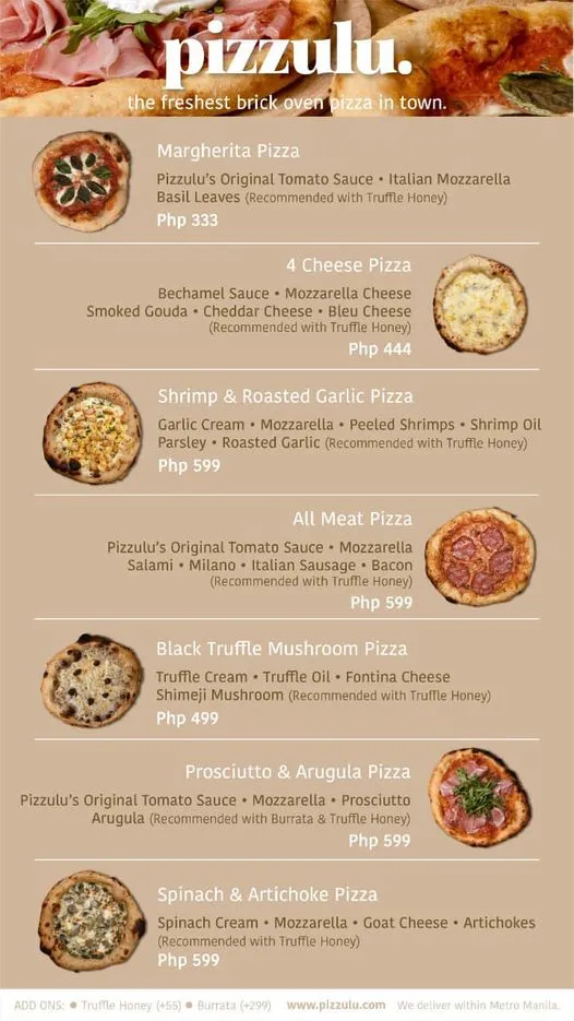 PIZZULU PIZZA MENU WITH PRICES