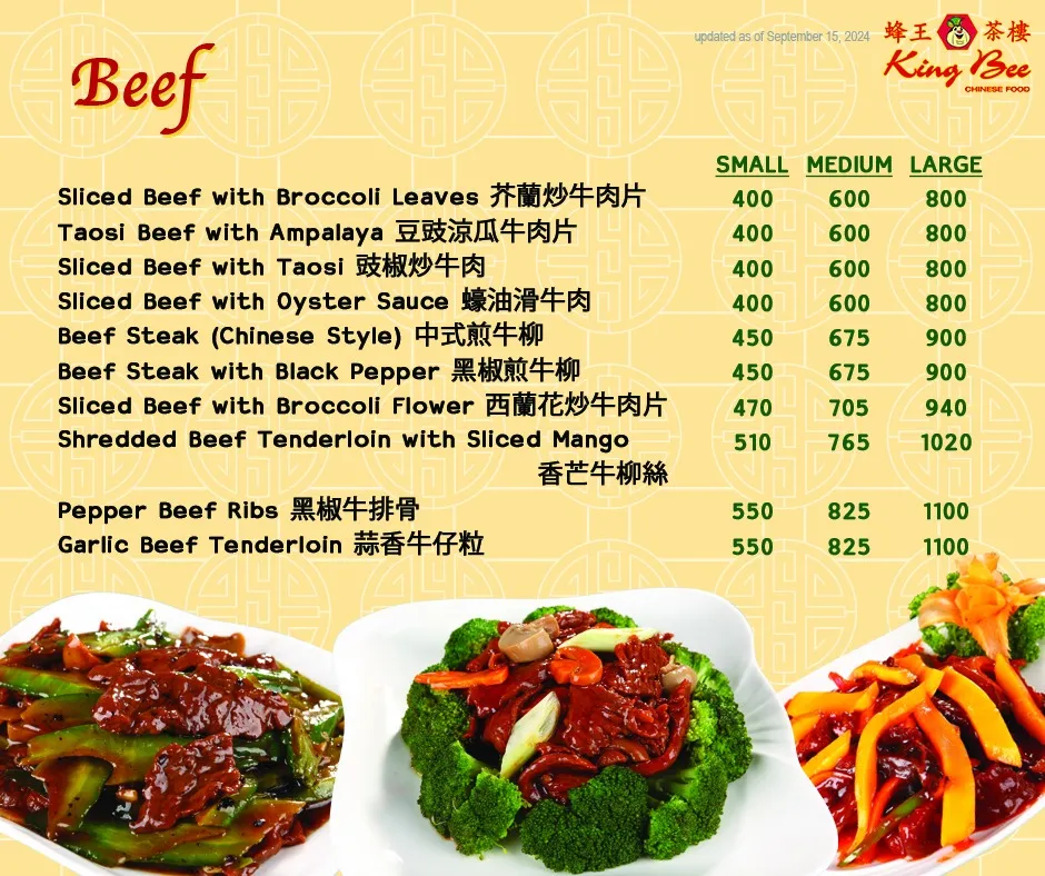 KING BEE BEEF MENU PRICES