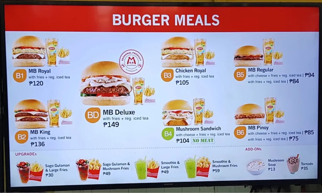 MUSHROOM BURGER MEALS MENU WITH PRICES