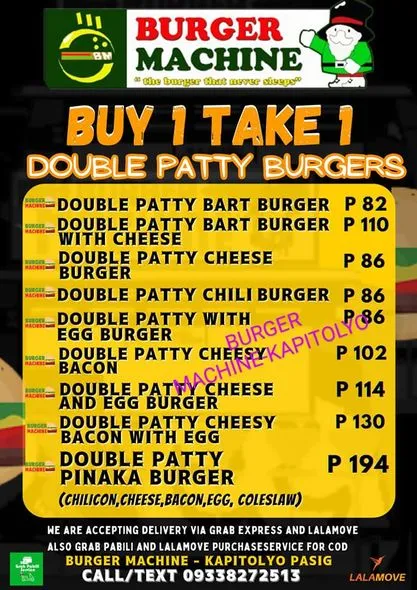 BURGER MACHINE BUY ONE TAKE ONE MENU