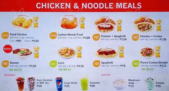 MUSHROOM BURGER CHICKEN & NOODLES MEALS PRICES