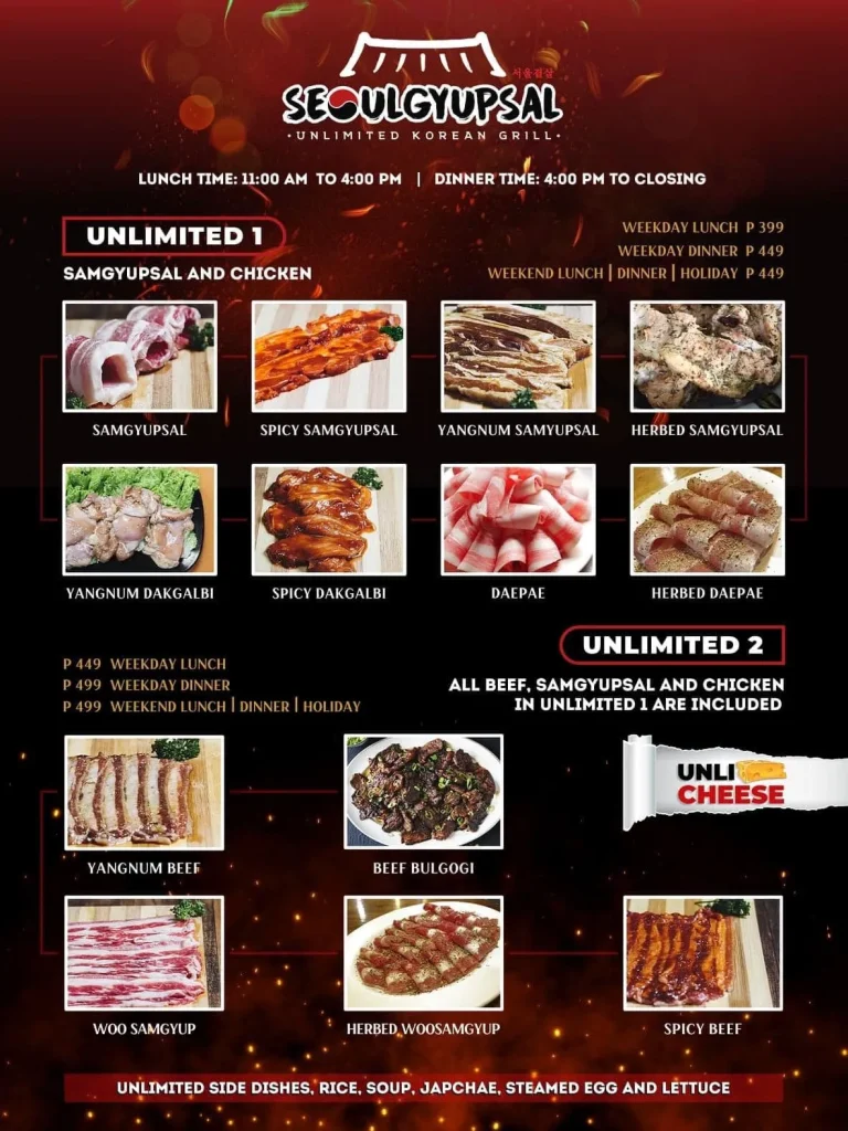 SEOULGYUPSAL SAMGYUPSAL & CHICKEN MENU WITH PRICES