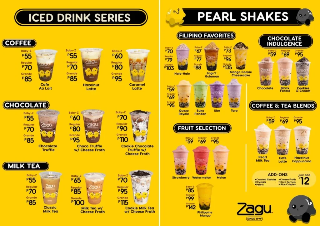 ZAGU COFFEE & TEA BLENDS MENU WITH PRICES