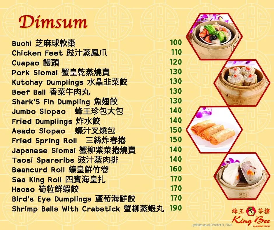 KING BEE MENU DIM SUM PRICES