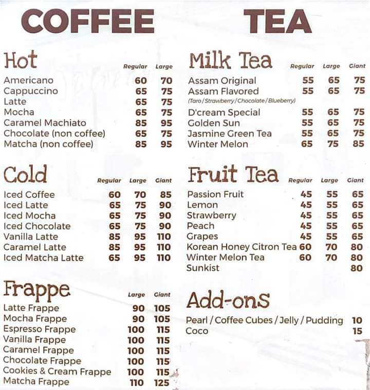 D’CREAM COFFEE & TEA FRAPPE MENU PRICES