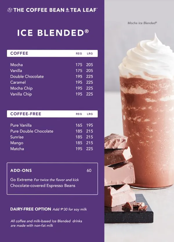 THE COFFEE BEAN & TEA LEAF ICE BLENDED COFFEE MENU PRICES