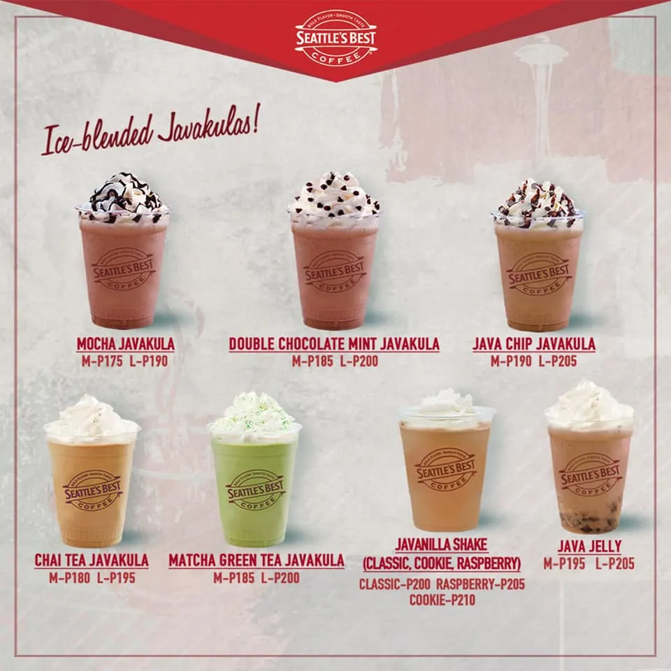 SEATTLE’S BEST COFFEE MENU ICE BLENDED JAVAKULAS PRICES