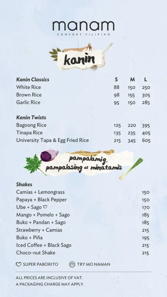 MANAM SILOGS CLASSICS & TWISTS MENU PRICES