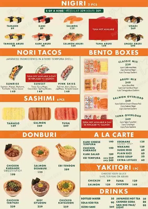 SUSHI NORI SASHIMI / NIGIRI MENU PRICES