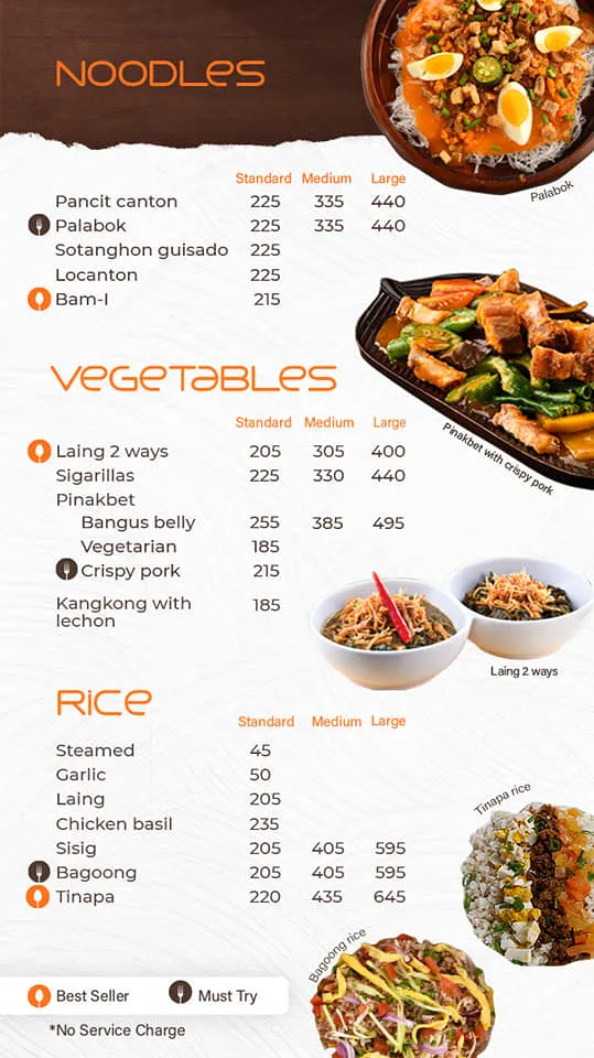 MESA VEGETABLE & Noodles MENU PRICES