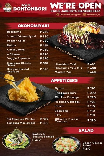 DOHTONBORI OKONOMIYAKI MENU WITH PRICES