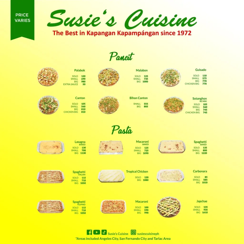 SUSIE’S CUISINE MENU PANCIT PRICES