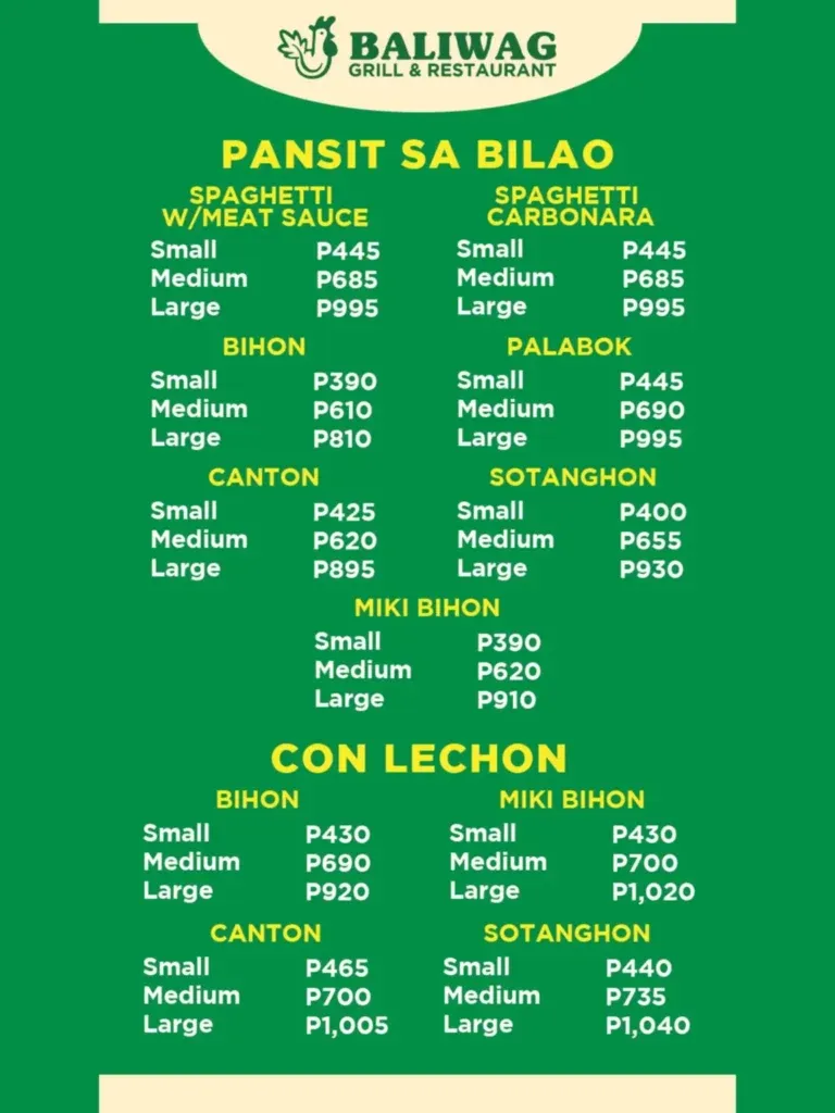 BALIWAG PANCIT BILAO MENU PRICES