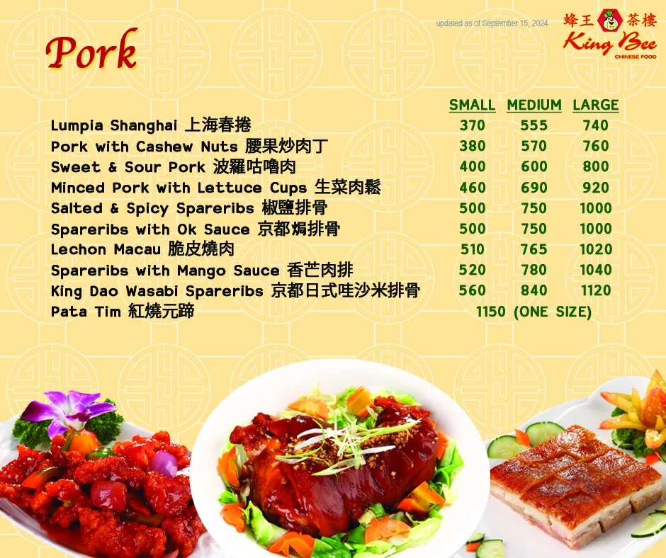 KING BEE MENU PORK PRICES