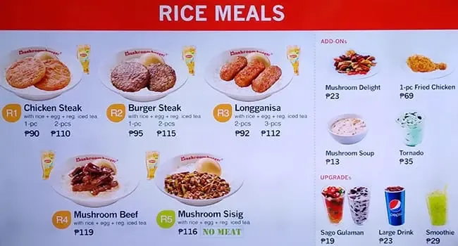 MUSHROOM BURGER RICE MEALS PRICES