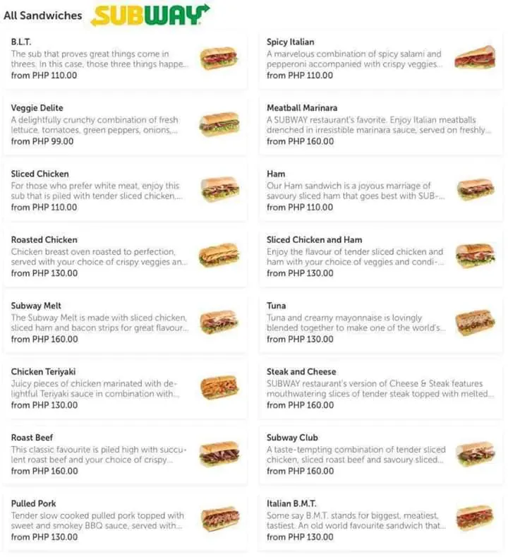 SUBWAY SANDWICHES PRICES