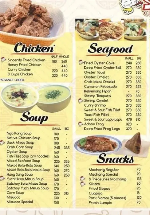 SINCERITY CAFE & RESTAURANT CHICKEN MENU