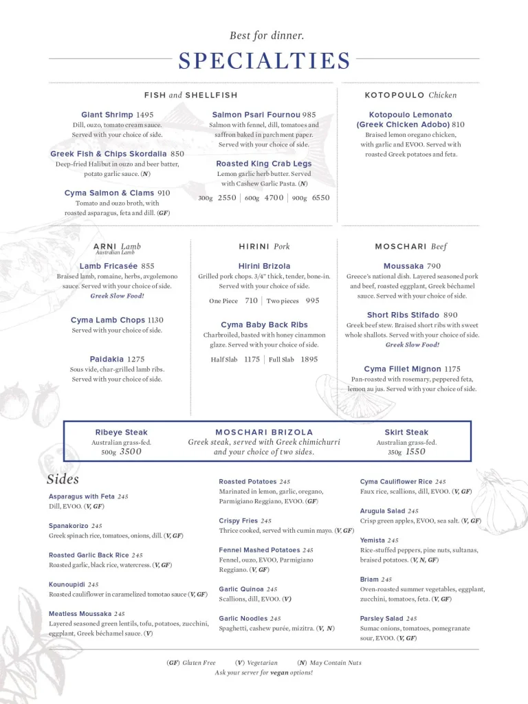 CYMA SPECIALTIES MENU PRICES