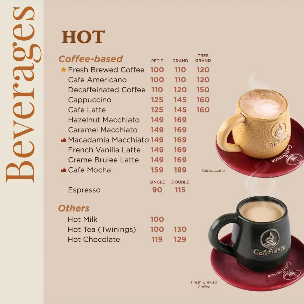 CAFE FRANCE HOT BEVERAGES PRICES