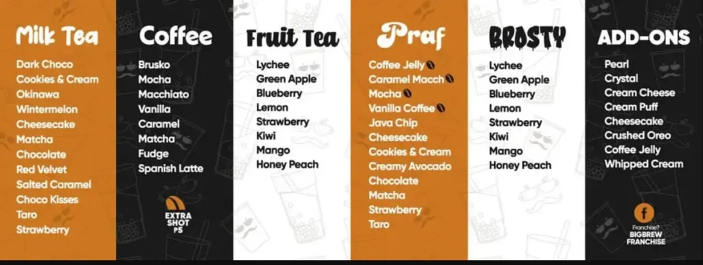 BIG BREW MENU FRUIT TEA PRICES