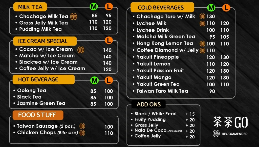 CHACHAGO MILK TEA MENU PRICES